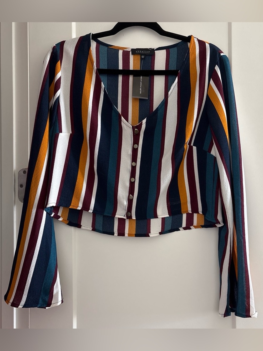 Abbeline Striped V-Neck Button-Front Top - Teal, Burgundy, Mustard, Navy, White
